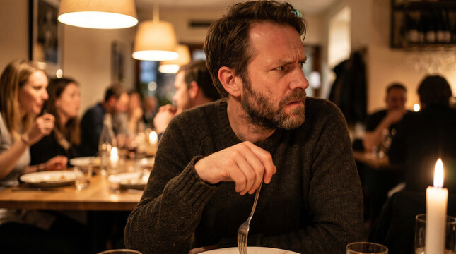 Annoyed bearded man looking away during dinner date