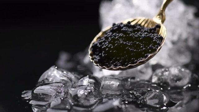 Black Caviar in golden spoon. High quality natural sturgeon black caviar close-up. Delicatessen. Texture of expensive luxury caviar on ice on black background, macro