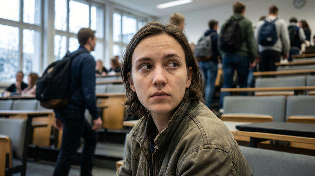 Anxious young woman looking back in lecture hall