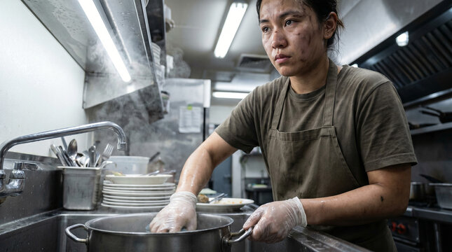 Exhausted female kitchen worker washing dishes in sink