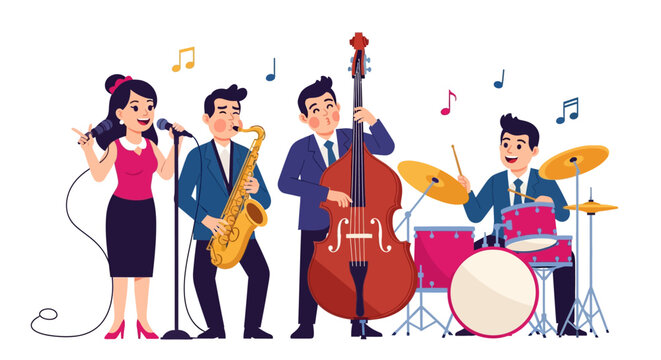 Detailed description of a cartoon jazz band performing with a singer, saxophonist, double bassist, and drummer, surrounded by musical notes.