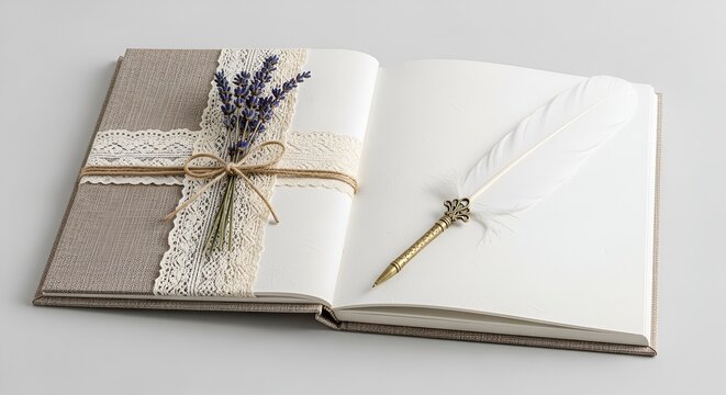 Open Vintage Notebook with Quill Pen and Lavender Bouquet, Rustic Elegance