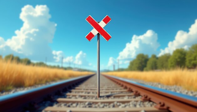 Red and white crossbuck railroad crossing sign stands on tracks. Tall grass lines the railway under a clear blue sky with fluffy clouds. Rural train route.