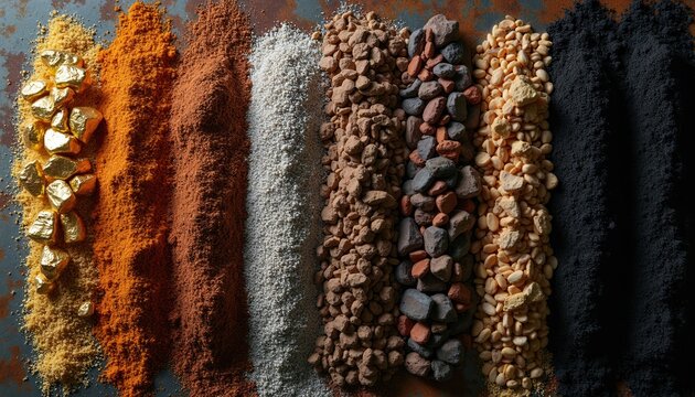 Various raw materials like gold nuggets, sand, gravel, and coal powder arranged in lines. Different textures and colors show diverse mineral resources and their stages.
