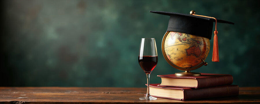 Globe wears graduation cap atop stacked books with wine glass. Represents global education, academic achievement, travel study, or celebratory graduation.