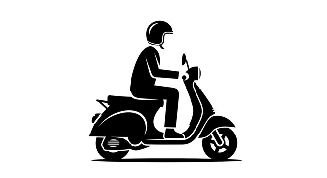 Man riding a classic motor scooter silhouette, delivery man or commuter on moped vector illustration.