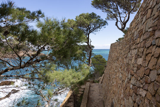 Cami de Ronda walking trail in Costa Brava, Spain on a sunny day with turquoise ocean