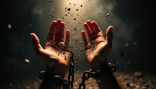 Hands break old chains in dramatic light scattering dirt and debris. Man throws off shackles reaching for freedom, symbolizing hope and release from confinement and bondage.