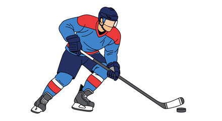 Fototapeta premium Ice hockey player in action wearing blue and red uniform holding stick with puck vector illustration.