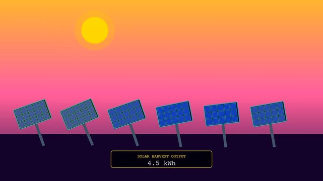 An animation illustrating Sustainable Agriculture Data through a series of solar panels tracking the setting sun while displaying digital energy harvest output statistics on a screen.