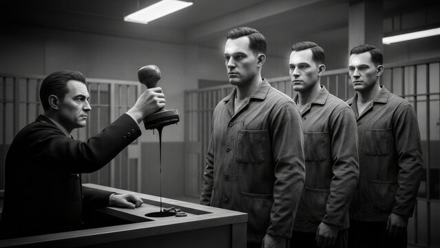 Man controller marking cloned men with glowing chip symbol. Futuristic experiment on human brain control and behavioral modification. Dystopian social management and suppression concept.