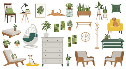 Furniture, home decor, plant icons, 25 elements, vector illustrations, interior design, modern style © Alien