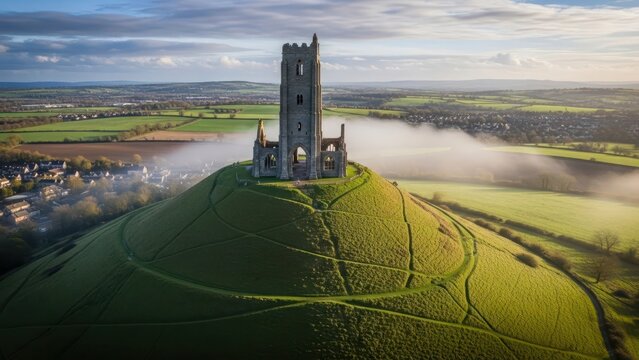 Majestic ruins of Glastonbury Tor standing atop a verdant hill in Somerset England