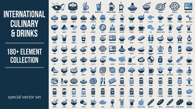 Comprehensive vector icon set featuring global cuisine, beverages, and cooking elements for food and drink related designs