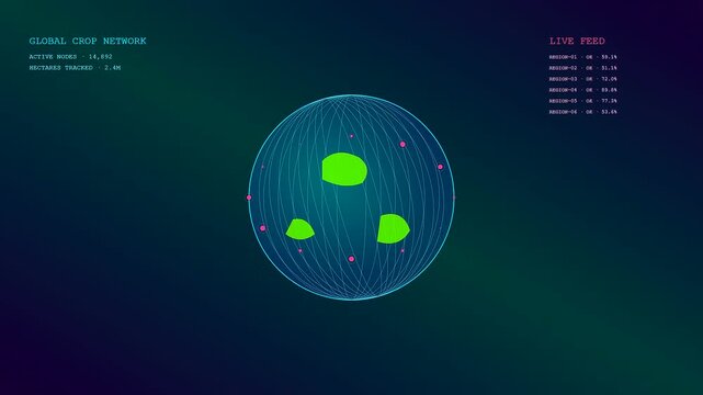 The motion graphics display shows Sustainable Agriculture Data through a rotating wireframe globe with pulsating green icons and drifting pink nodes against a deep atmospheric gradient background.