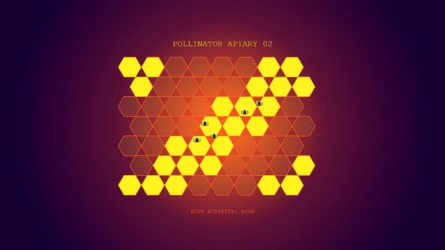 A sophisticated digital display showing Sustainable Agriculture Data through a hexagonal hive interface with animated honeybees moving across glowing yellow cells in a dark tech background.