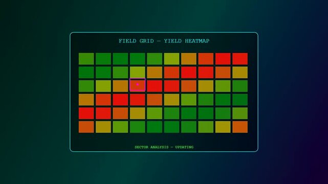 High-tech interface displaying sustainable agriculture data updates across a colored grid system as a magenta cursor scans various field sectors for yield optimization and analysis.