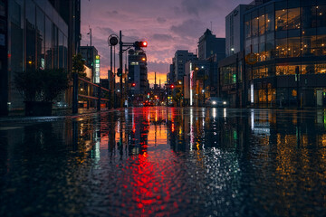 Fototapeta premium Rainy night city street with traffic light reflection at twilight