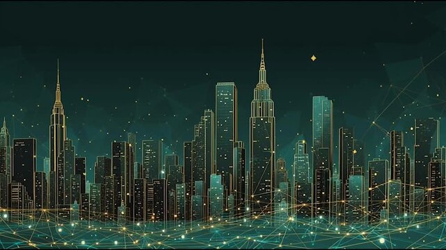 Smart Innovation city with connection cyber security network reciprocity over the night cityscape future wireless digital city and social media networking systems that connects people in the city