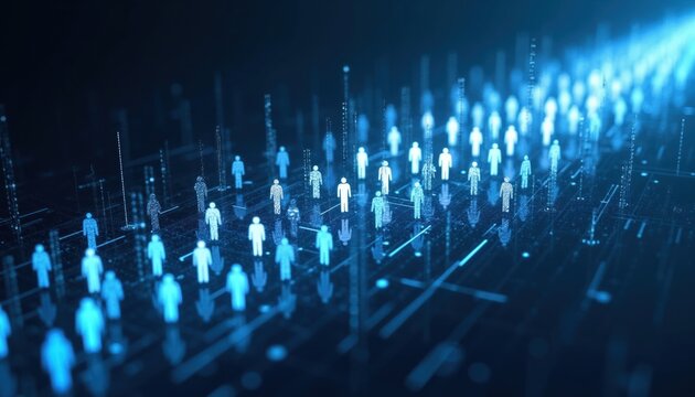 Digital figures connect on abstract circuit board. People data flows form glowing network. Futuristic business analysis uses tech for user insight.