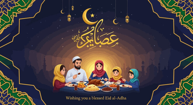 Vibrant Eid al-Adha Poster Illustration Depicting a Joyful Muslim Family Dining Together Under a Crescent Moon and Festive Decorations