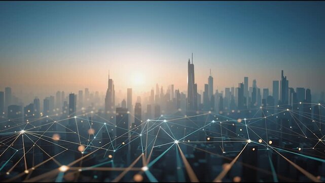 Smart Innovation city with connection cyber security network reciprocity over the night cityscape future wireless digital city and social media networking systems that connects people in the city