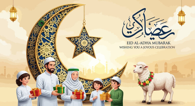 Eid al-Adha vector art Joyful Muslim family exchanging gifts, featuring crescent moon, star, and symbolic lamb, celebrating faith and blessings