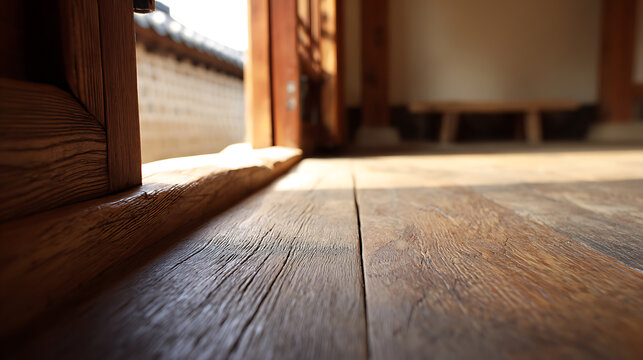 Warm sunlight illuminates an old wooden floor and traditional window frame, showcasing natural textures and historical architecture indoors