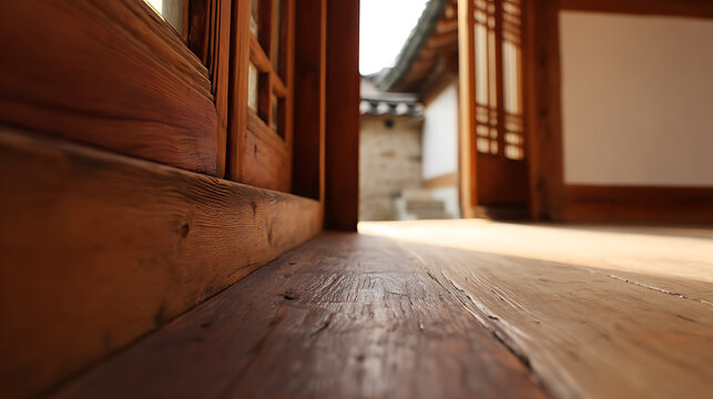 Low angle view of a simple traditional East Asian wooden floor and sliding screen door illuminated by soft natural light, showcasing vintage indoor serenity and architectural detail