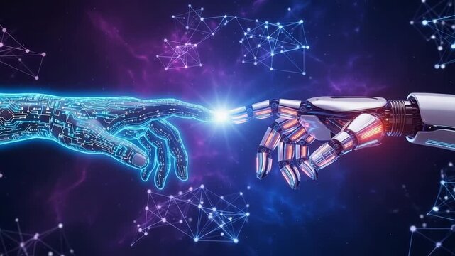 Ai and human hands connecting, symbolizing technology and future