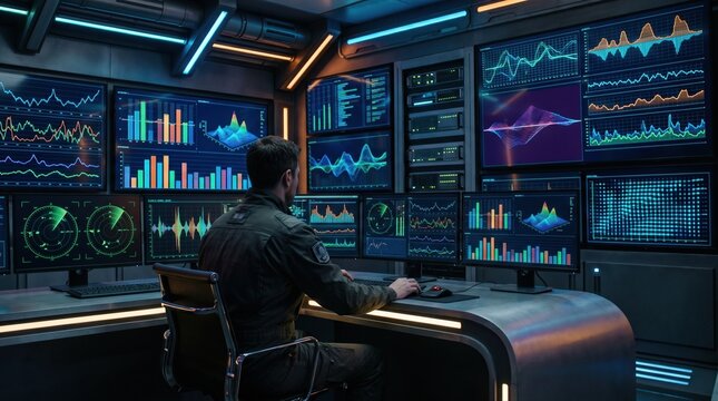 Medium shot of a hightech control room with multiple screens displaying realtime data on caustic alumina and impurity levels in a liquor circuit monitoring system.