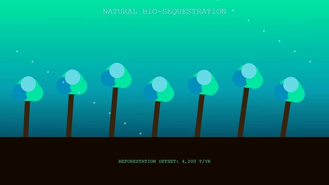 An illustrative animation demonstrating natural Carbon Capture Technology through the growth of stylized trees in a clean vector environment with a dark soil base and teal sky.