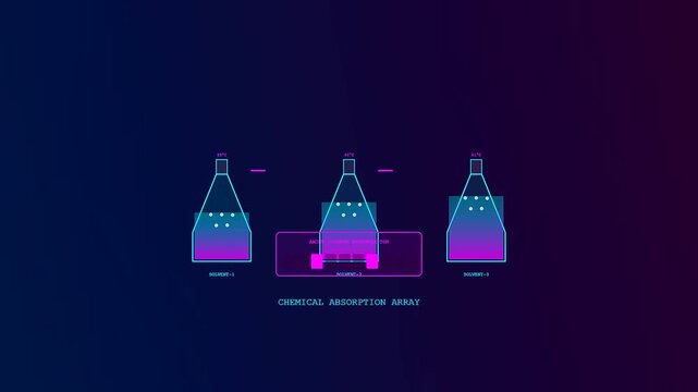 This advanced Carbon Capture Technology animation illustrates the chemical absorption process through glowing laboratory flasks filled with purple and blue solvents bubbling in a dark digital space.