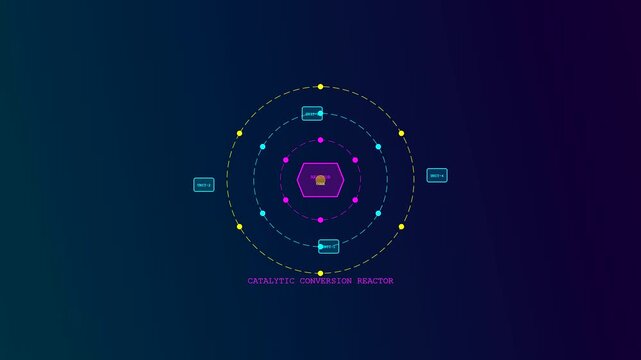 An intricate holographic visualization of carbon capture technology featuring luminous concentric rings and shifting geometric data nodes floating over a deep cosmic violet backdrop