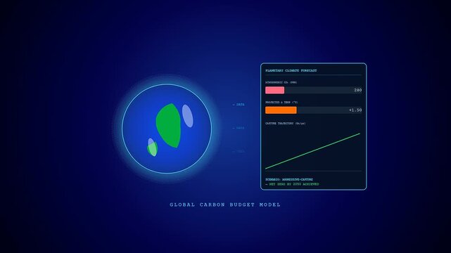 An advanced holographic interface showcasing carbon capture technology through a digital planetary model with evolving data metrics and a linear progression graph on dark background