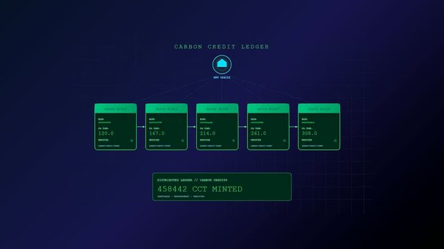 This futuristic data visualization of carbon capture technology shows green digital blocks updating on a dark blue background as the minted token counter increases steadily.