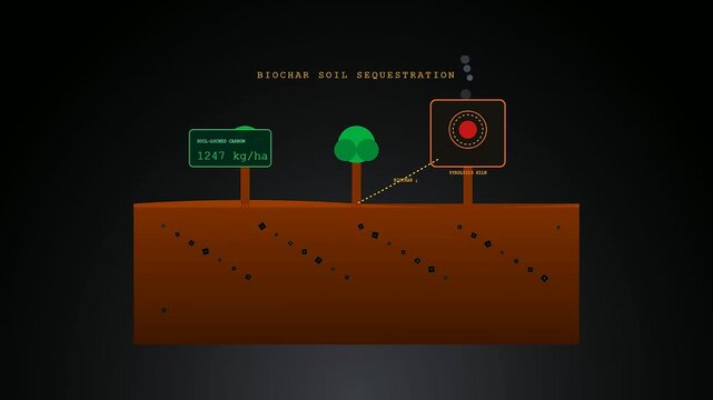 An informative motion graphic showcasing Carbon Capture Technology through biochar soil sequestration as trees grow and sequester greenhouse gases into the ground over several stages