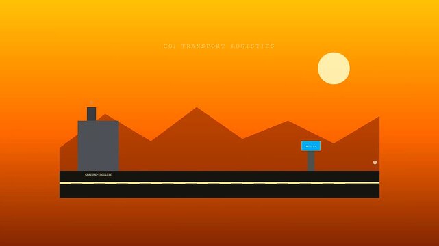 Industrial Carbon Capture Technology operations feature a transport vehicle moving between facility sites under a warm glowing orange sky during a minimalist vector style animation sequence