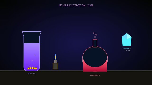 An animated sequence demonstrating carbon capture technology as minerals crystallize within a futuristic laboratory setting featuring purple liquids and glowing red chemical flasks