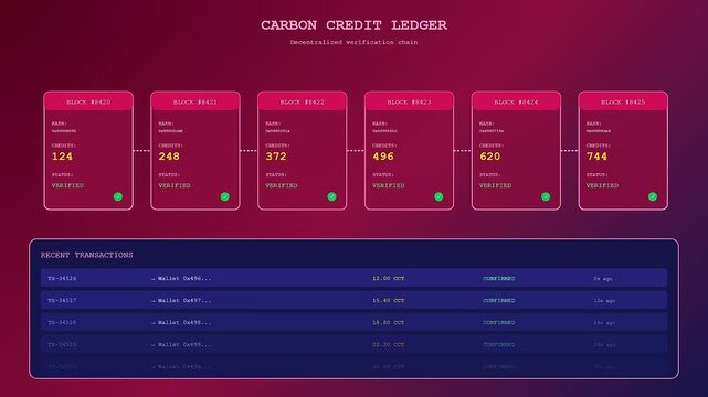 Innovative Carbon Capture Technology displayed through a dynamic digital interface showing a series of interconnected data blocks with evolving transaction lists in a sleek atmospheric environment