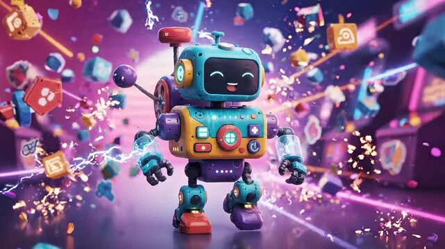 Closeup footage of colorful robot character walking in neon futuristic game environment with glowing effects