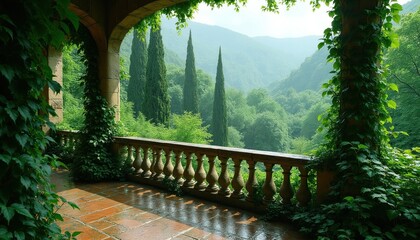 Naklejka premium Terrace with stone railing and ivy overlooks green valley. Cypress trees stand tall against misty hills. Red tile floor reflects sunlight. Peaceful nature scene.