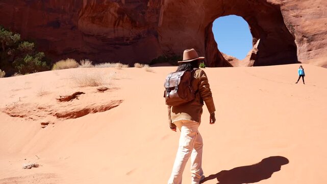 Following a woman explorer wearing a hat and backpack walking on red sand dunes toward a natural rock arch in monument valley, a famous landmark on the arizona utah border, on a sunny day