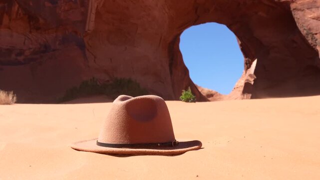 Iconic felt hat resting on windswept orange sand in front of a majestic natural rock arch, representing a memorable journey and adventure through the american southwest on a bright sunny day