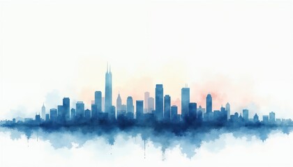 Fototapeta premium Blue watercolor skyline of modern city buildings. Abstract urban landscape with soft gradients and white background. Artistic cityscape illustration.