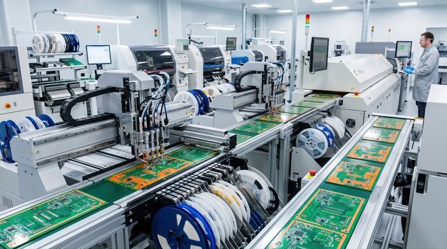 Dynamic medium shot capturing a highvolume SMT assembly line with synchronized automated pickandplace machines and continuous reflow ovens ensuring rapid production of circuit