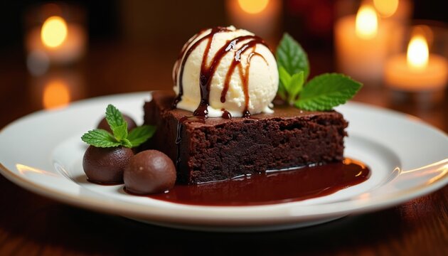 Rich chocolate brownie topped with vanilla ice cream and chocolate sauce. Served with chocolate truffles and mint garnish on a white plate, candle lit background.