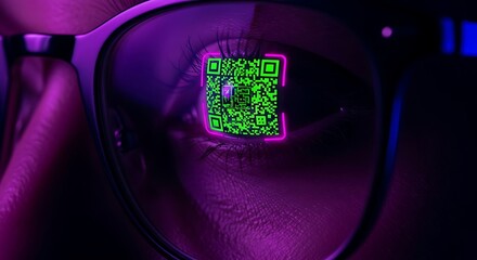 Obraz premium Glowing green QR code reflected in an eye behind glasses lens under purple neon light. Macro focus captures biometric detail and data integration. Ideal for cybersecurity marketing campaigns.