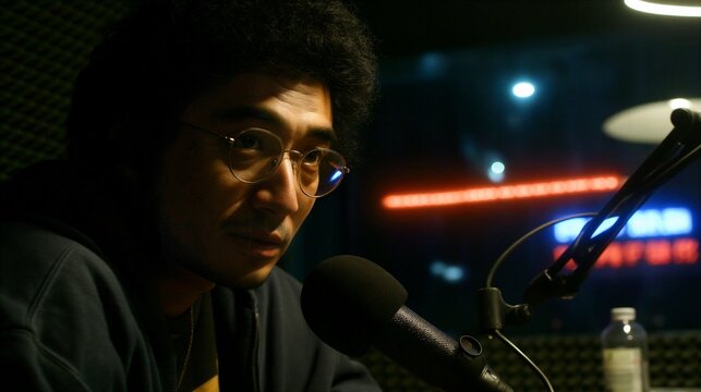 South Asian 32-year-old man in a minimalist YouTube studio with grey soundproof acoustic foam walls, accented by deep tangerine ambient LED strips, wearing a monochrome tracksuit with a articulate