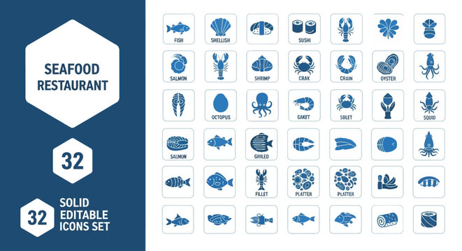 A comprehensive collection of 32 solid editable vector icons for seafood restaurants, illustrating various ocean catches and aquatic dishes perfect for menus, apps, and web interfaces